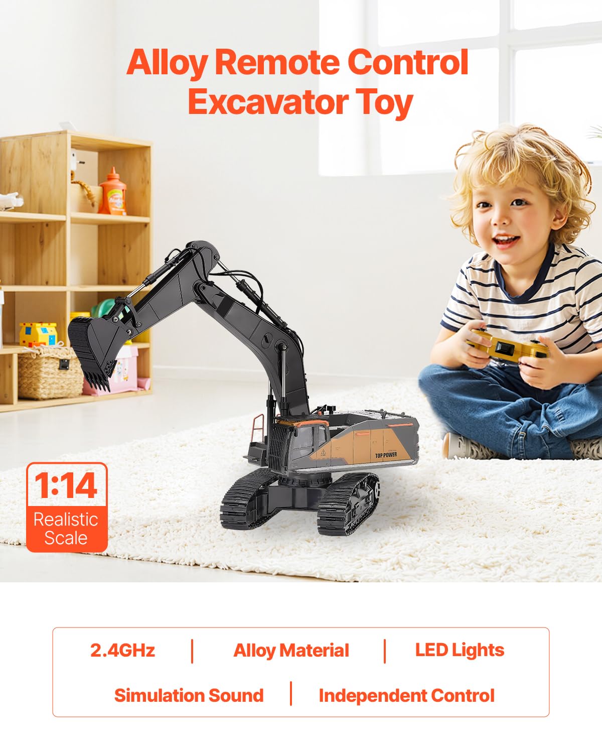 VEVOR Pelleteuse Télécommandée 22 Canaux Excavatrice RC Enfants Échelle 1:14 Pelle Métallique, Lumière et Son, Batterie Rechargeable, Jouet Véhicule de Construction, pour Enfant, Cadeau d'Anniversaire