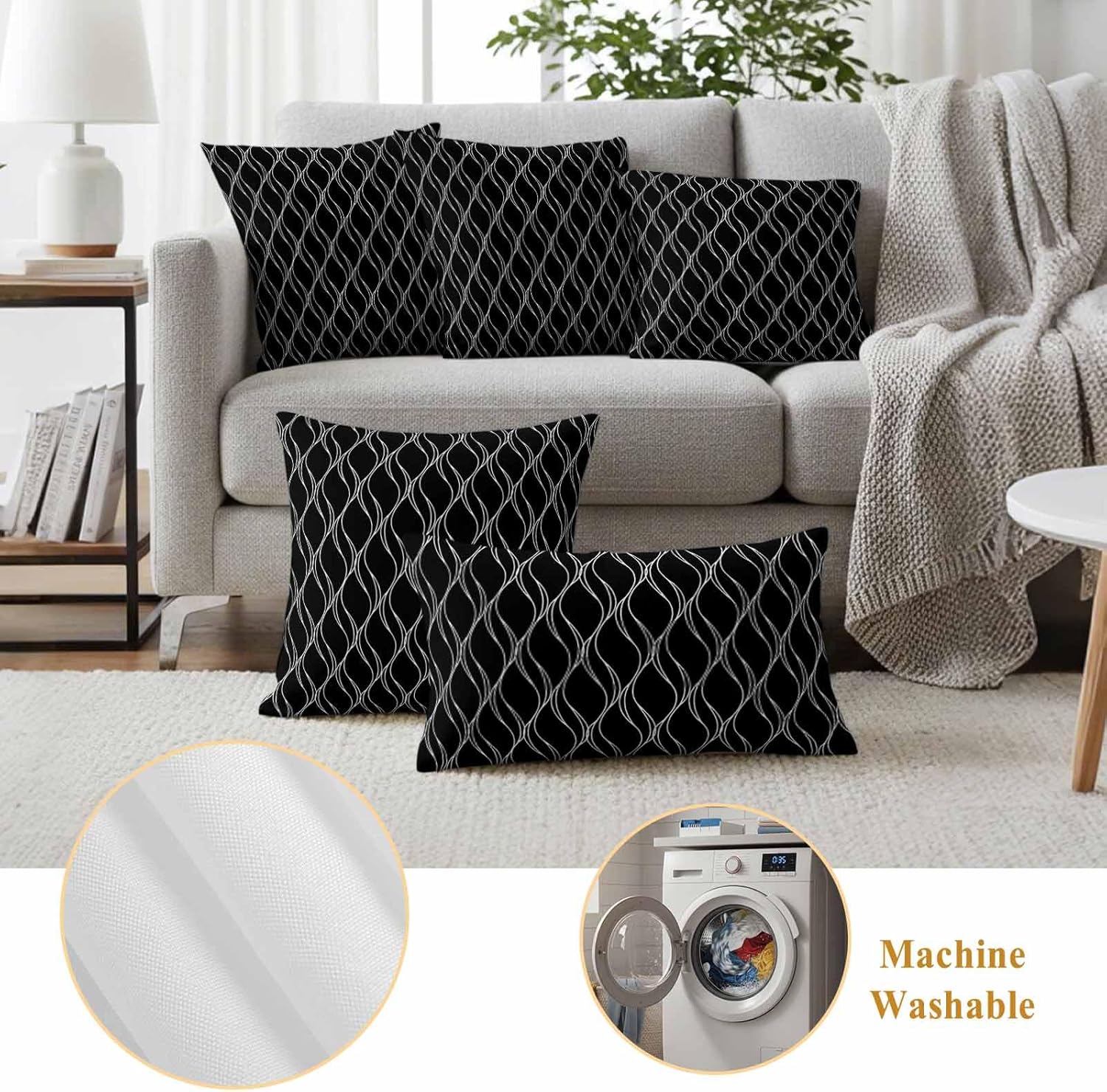 Outdoor Pillow Covers Waterproof, Black Gold Wave Abstract Art Foil Print Pattern All Weather Cushion Case Set of 2, White Thin Line Decorative Pillowcases for Sofa Bed Decor Patio Furniture 26"x26"