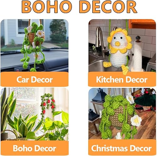 Miniatura 6 de Decoración montada en el coche, decoración colgante creativa hecha a mano de ganchillo clorofito comosum colgante de lana en maceta espejo