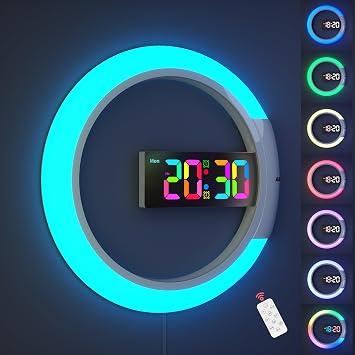Large Digital Wall Clock, 12 inch Round LED Wall Clock with Remote Conrol RGB Night Light Temperature Week Dual Alarms Wall Digital Clock for Living Room Bedroom Home Office