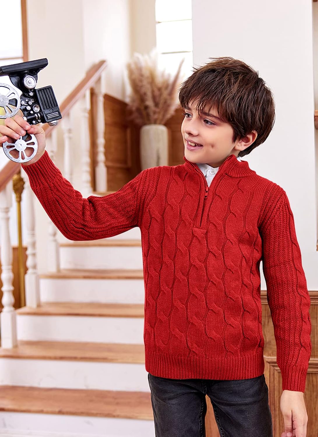 Boys 1/4 Zip Pullover Sweater Long Sleeve Solid Cable Knit Top Fall Winter Jumper 4-14Y - Image 2