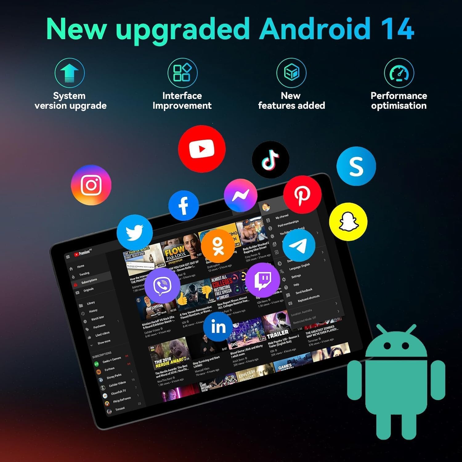 Image showing the Android 14 interface with multiple app icons and a tablet displaying various applications, indicating system upgrades and performance optimization.