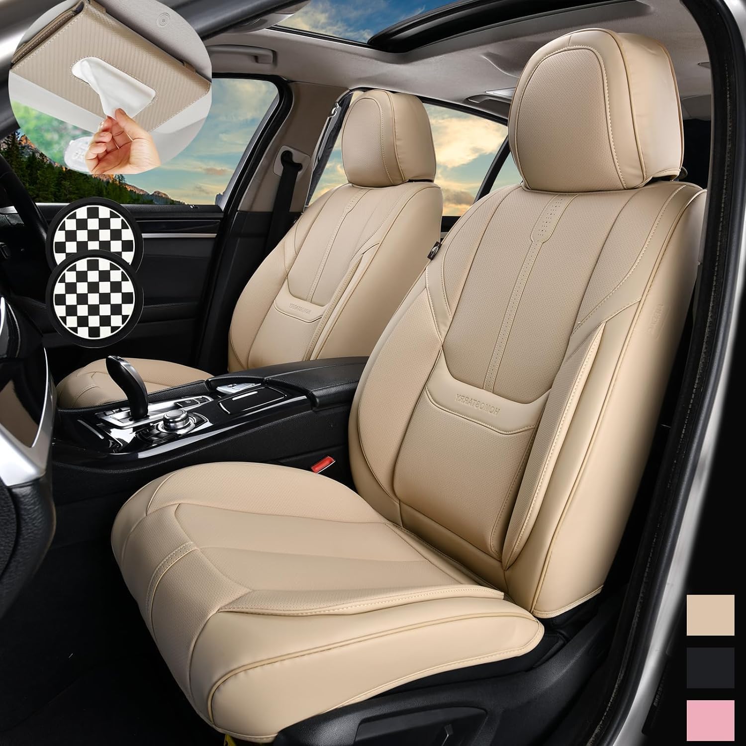 Car Seat Cover Front Pair, Leather Seat Covers for Car, Beige Waterproof Car Seat Protector Airbag Compatible, Vehicles Cushion Universal Fit for Most SUV Sedans, Trucks