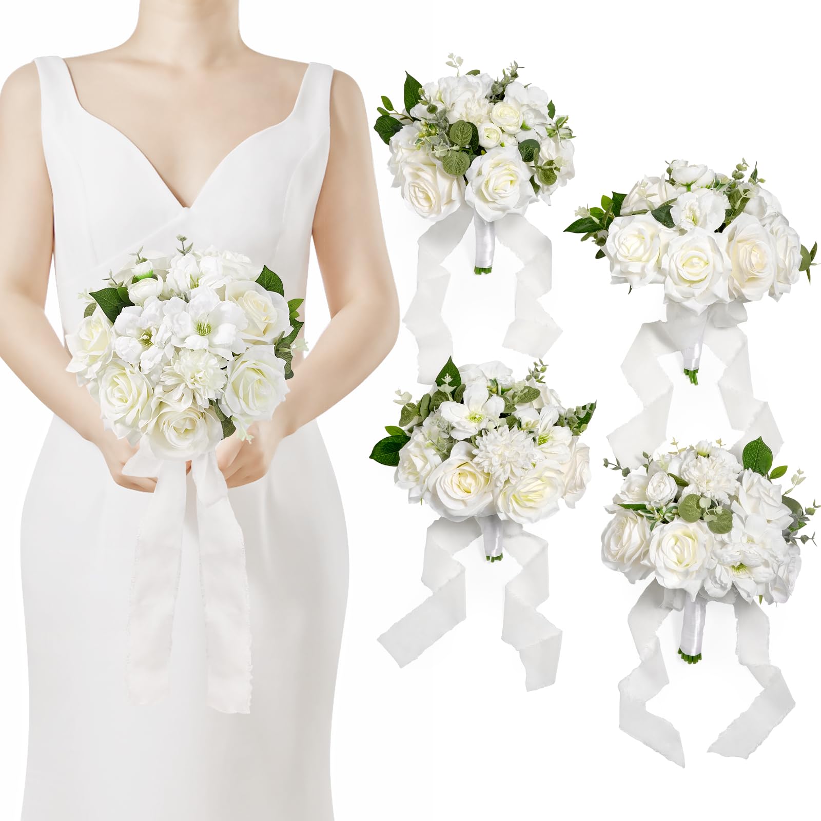 Serwalin 9.5 Inch Wedding Bouquets for Bridesmaid, Set of 4, White Bridesmaid Bouquet for Wedding Ceremony Festivals Bridal Shower Dinner Party