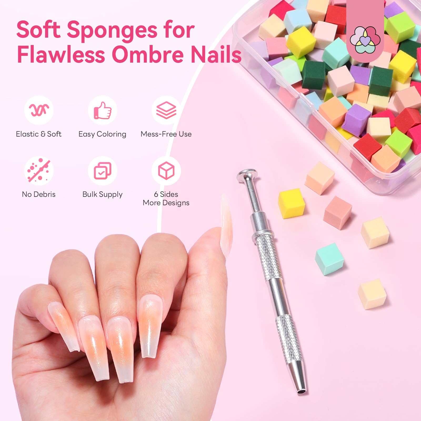 SAVILAND Essentials Nail Sponges for Ombre: 100Pcs Colorful Ombre Nail Sponge High Density Nail Art Sponge for Seamless Ombre Gradient with Grabbing Pen Nail Art Tools for Beginners DIY Home Salon - Image 2