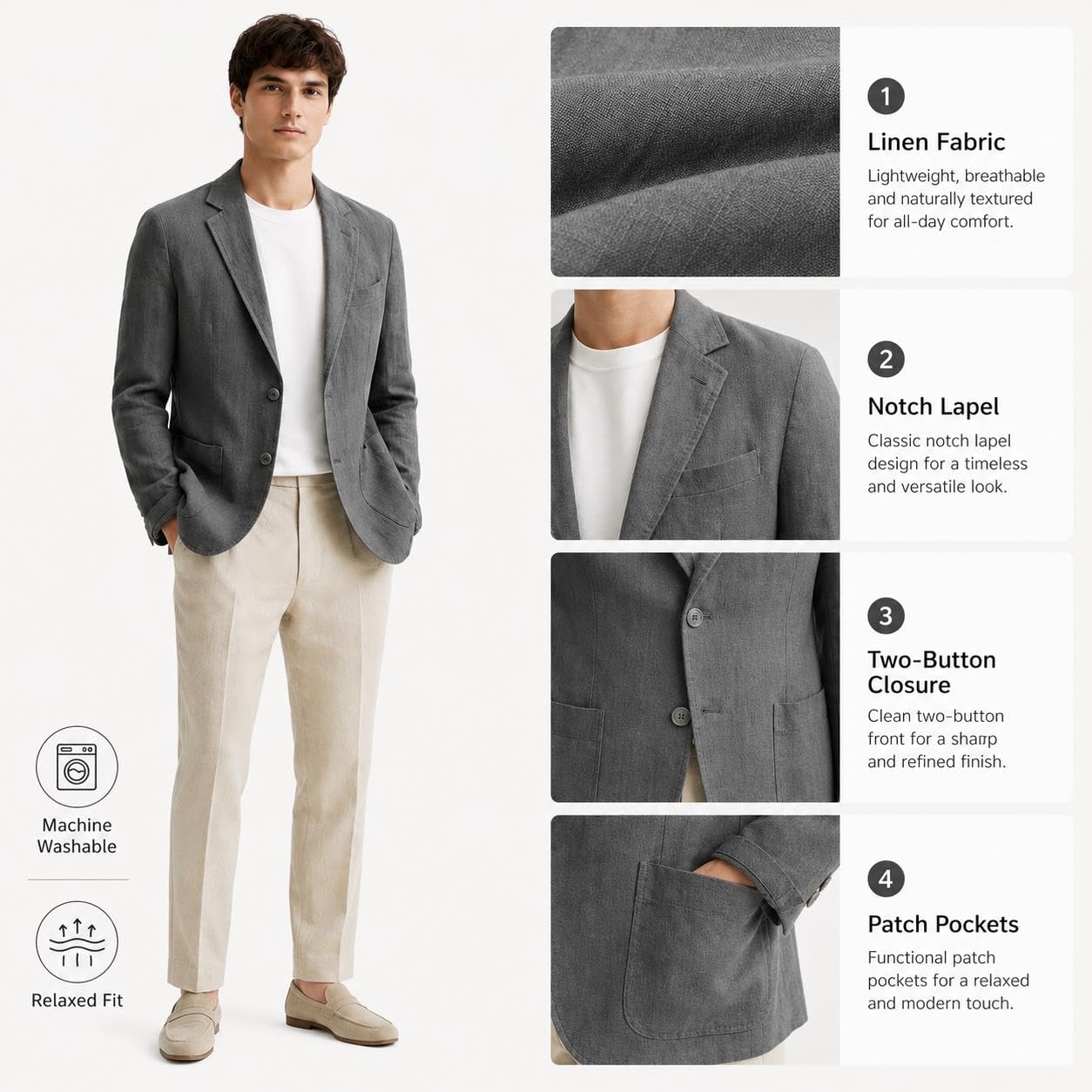 Blazer De Lino para Hombre Traje De Lino De Corte Relajado con Solapa De Muesca Y Bolsillos De Parche Blazer Ligero Lavable De Dos Botones Elegante Informal Ideal para Primavera Verano Oficina Y Via