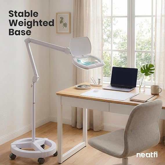 Neatfi LED Magnifying Floor Lamp | 1.75x + 4X (3D + 12D) Magnification | 12W Power | Dimmable 6500K Cool White | Adjustable Arm | Lamp for Reading, Crafts & Precision Work (White, 6.8 Inches)