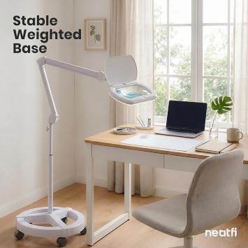 Neatfi LED Magnifying Floor Lamp | 1.75x + 4X (3D + 12D) Magnification | 12W Power | Dimmable 6500K Cool White | Adjustable Arm | Lamp for Reading, Crafts & Precision Work (White, 6.8 Inches)