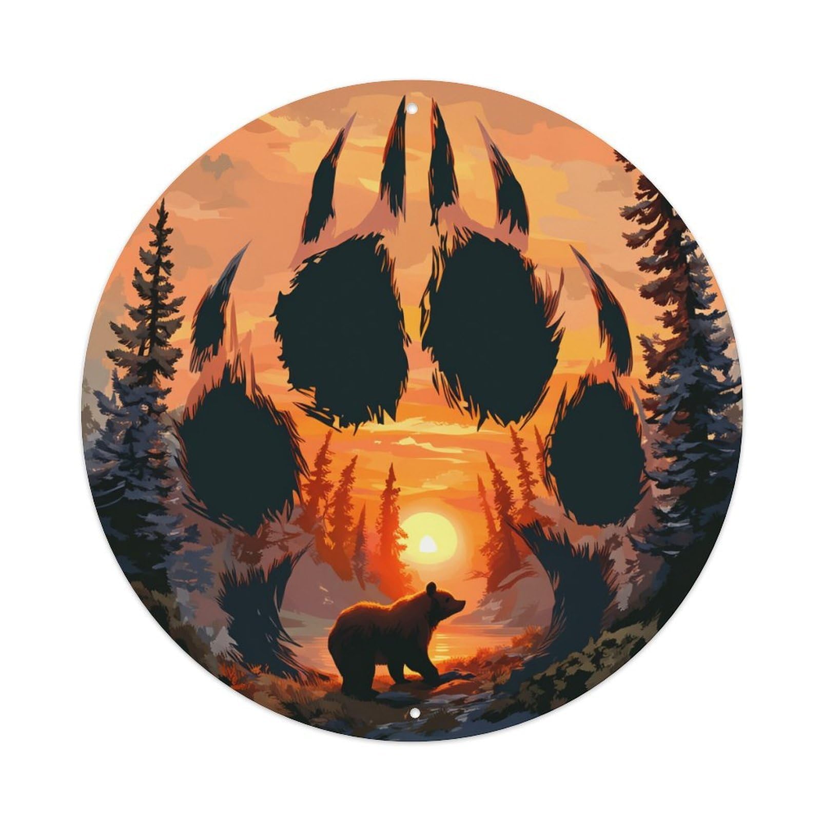 Bear Paw Sunset Forest Silhouette Round Tin Sign Vintage Metal Poster, Home Bar Garage Man Cave Cafe Indoor & Outdoor Wall Decoration 8x8Inches