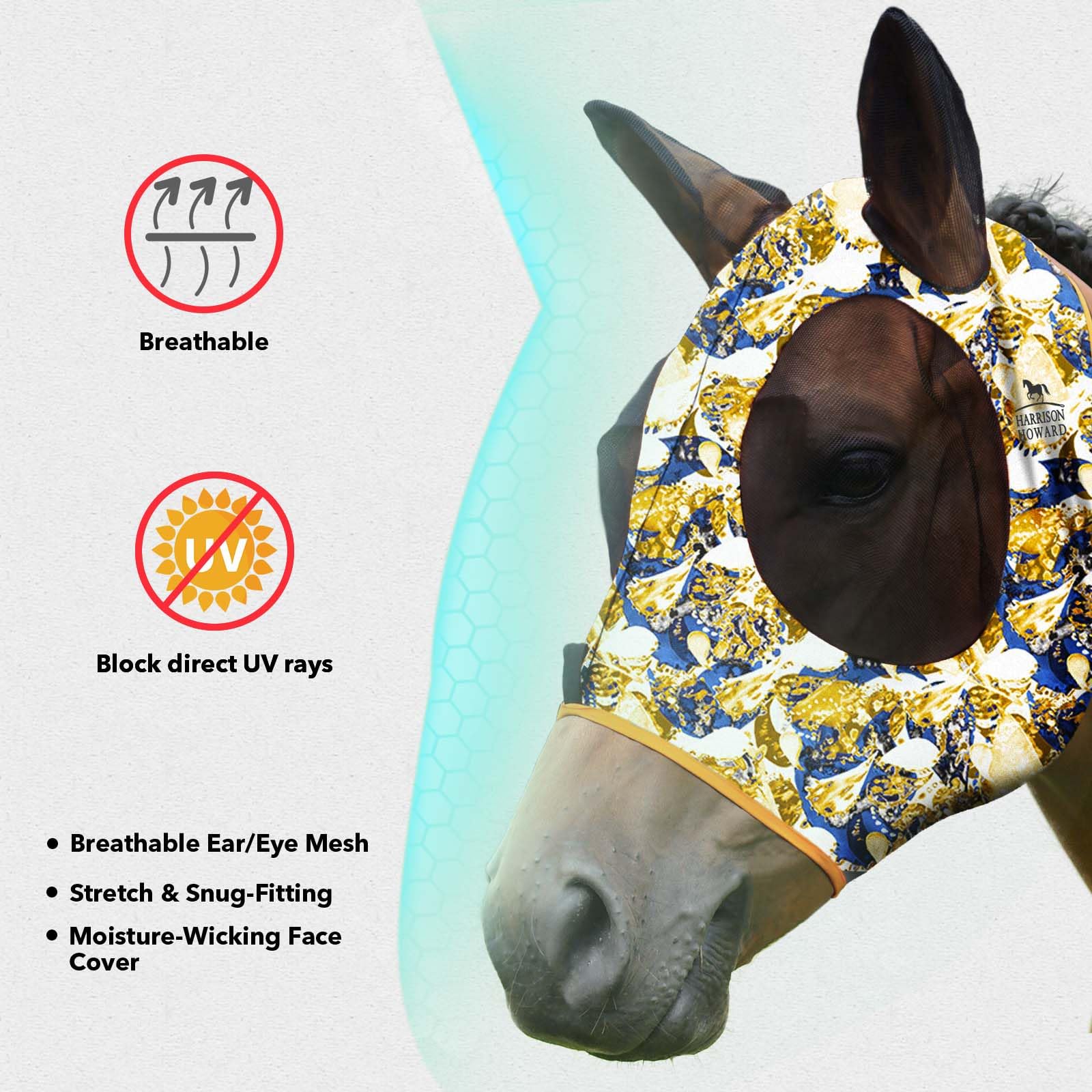 Harrison Howard Super Comfort Stretchy Fly Mask Large Eye Space with UV Protection Soft on Skin with Breathability- Azure Blue M — view 26