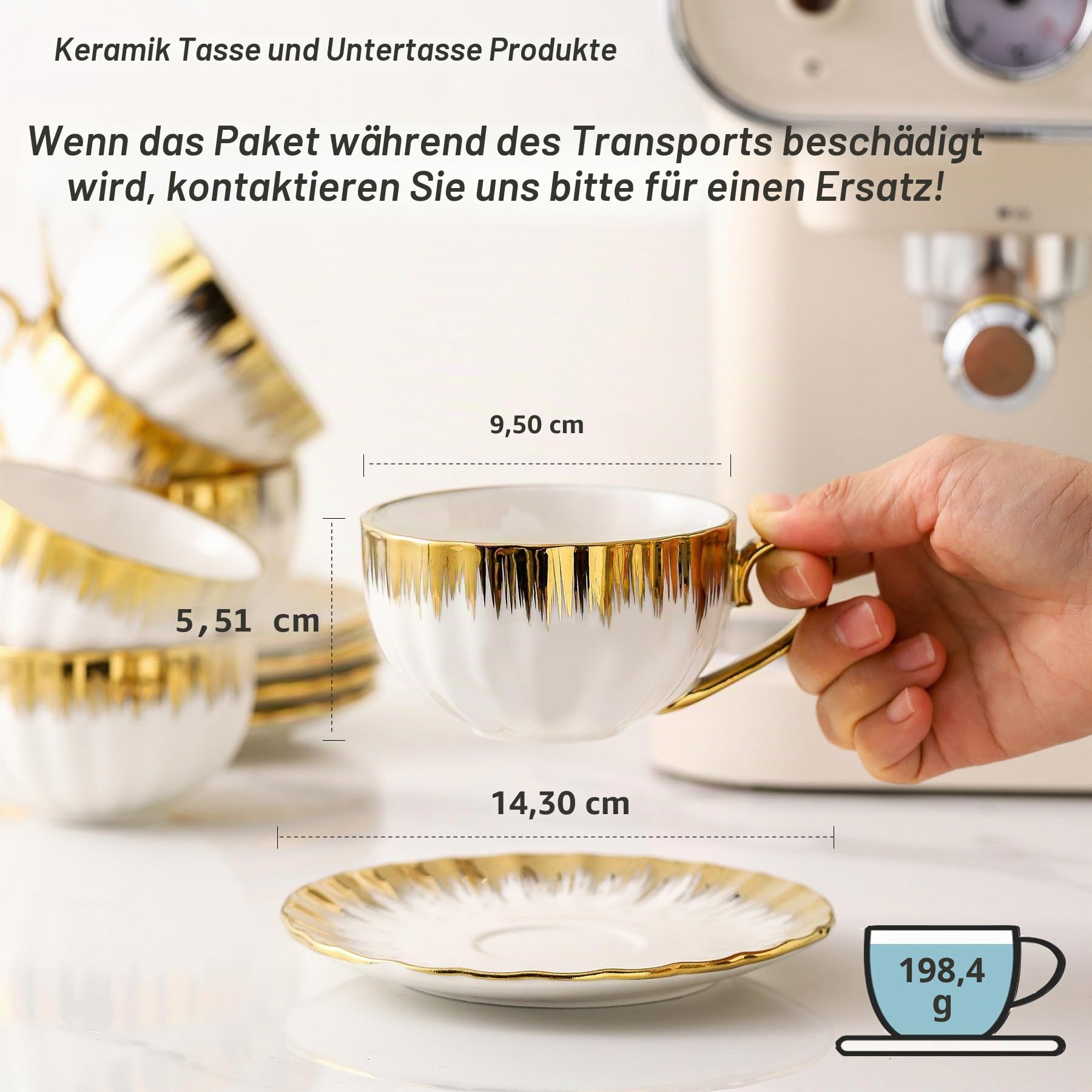 LETAOTAO Cappuccinotassen mit Untertassen, 200 ml, Porzellan, Doppel-Espressotassen, Keramik, türkische Kaffeetassen mit Goldrand, Teetassen 6er-Set, Café-Tassen für Latte, Mokka, Au-Lait, Weiß