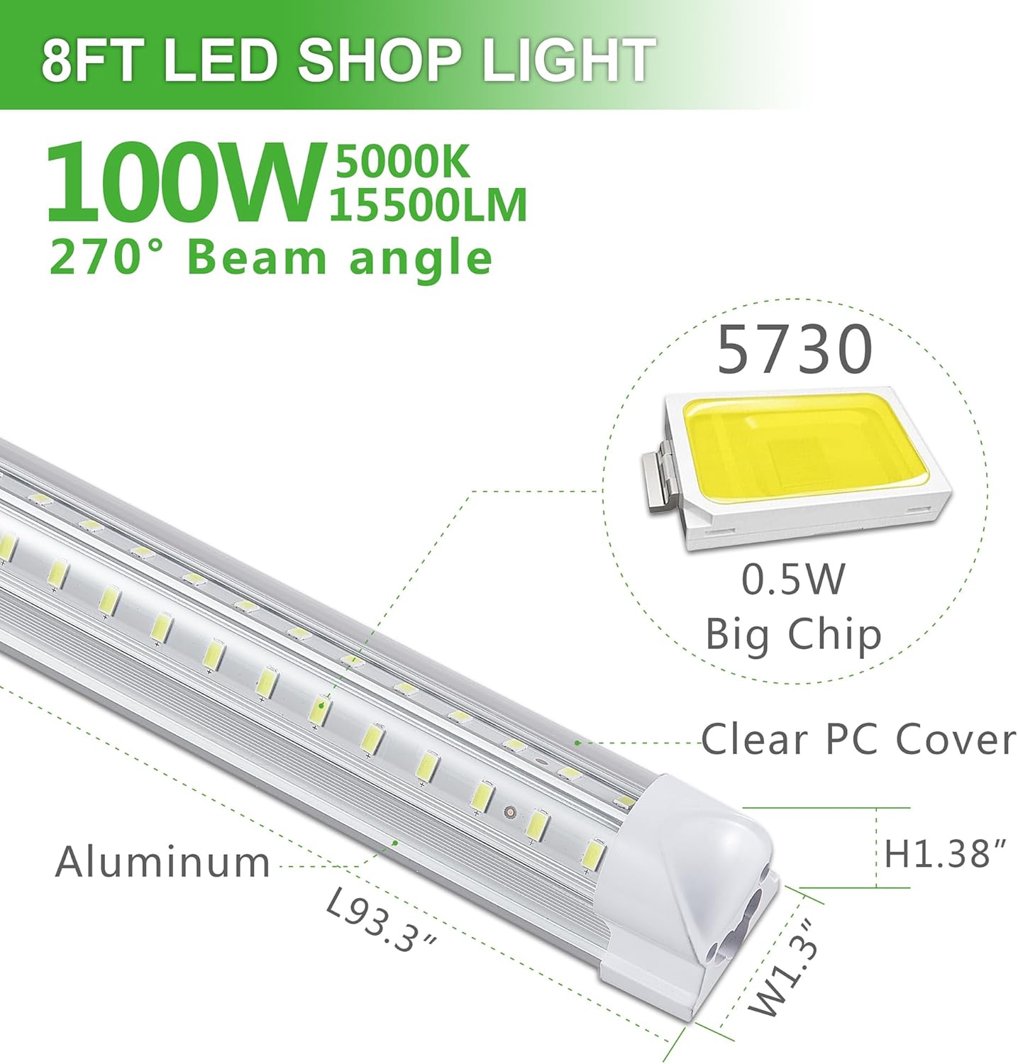 8Pack 8FT LED Shop Light Garage Light,100W 5000K Daylight Color 15500LM Super Bright,Hanging or Surface Mount,Plug and Play,Linkable T8 LED Tube Lights for Garage,Warehouse, Workshop