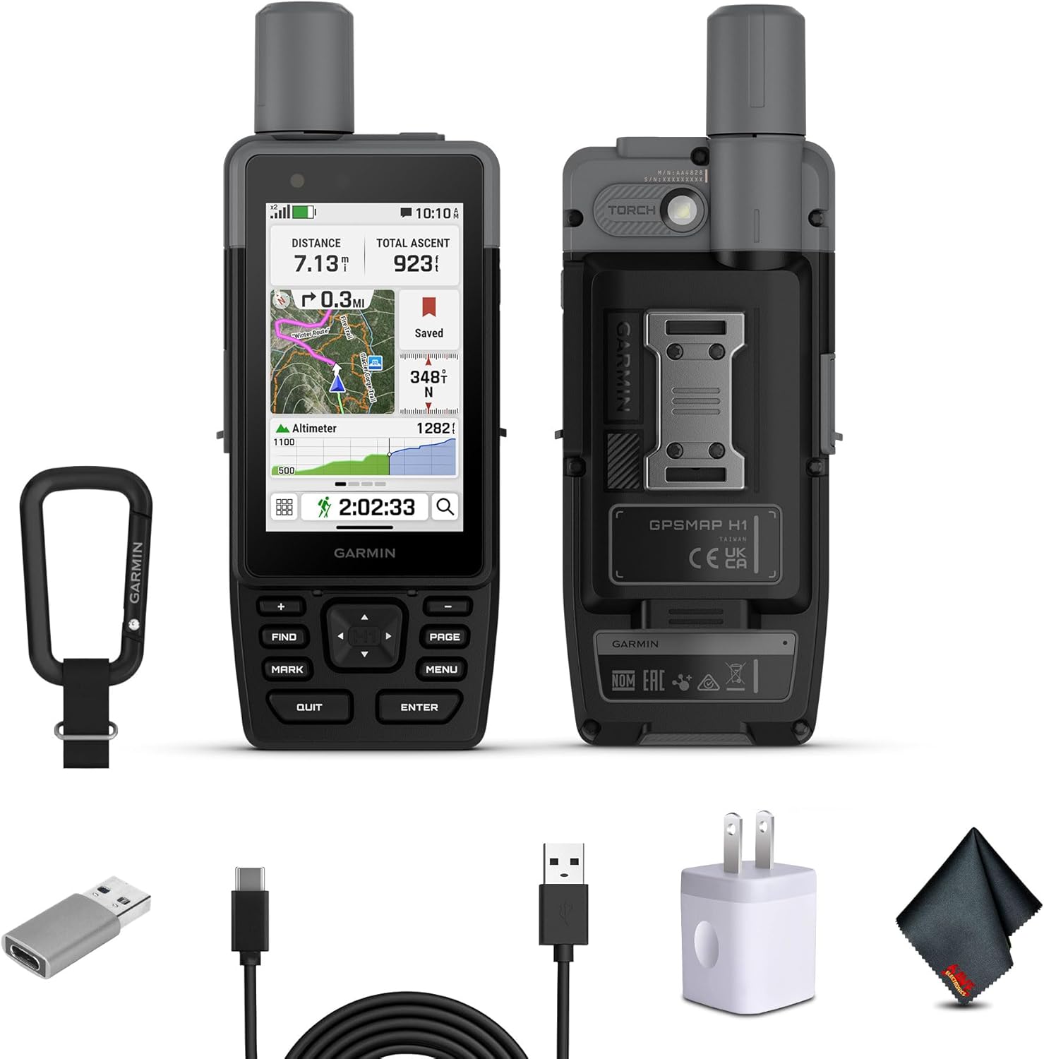 Garmin GPSMAP H1 Rugged Design Premium GPS Handheld Navigator for Hiking with Color Touchscreen and Buttons, Long Battery Life, Built-in Flashlight, Preloaded Maps Bundle