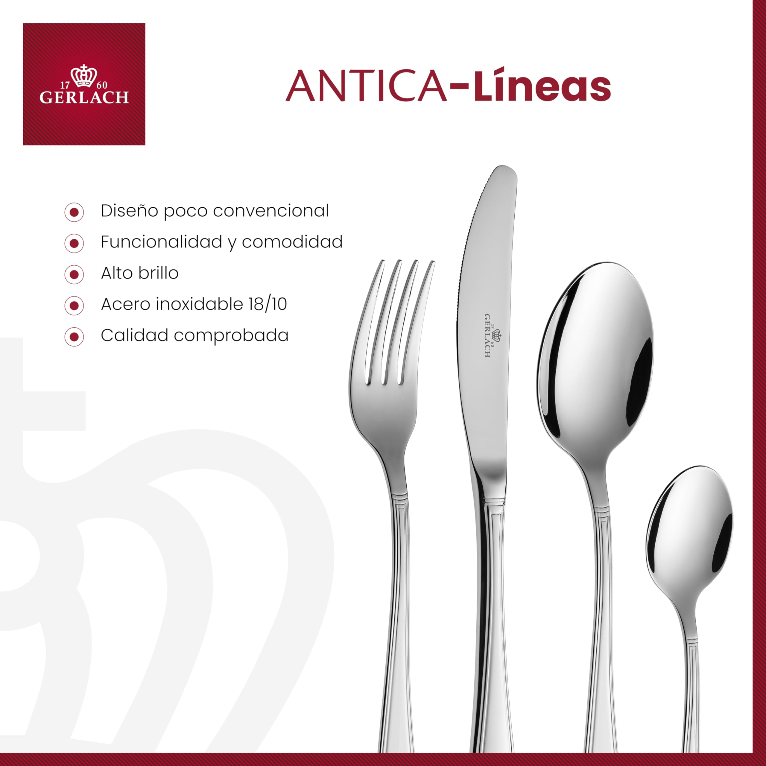 Gerlach - Cubertería Mate Antica, Acero Inoxidable, Plata, 50 x 37 x 10 cm, 68 Unidades