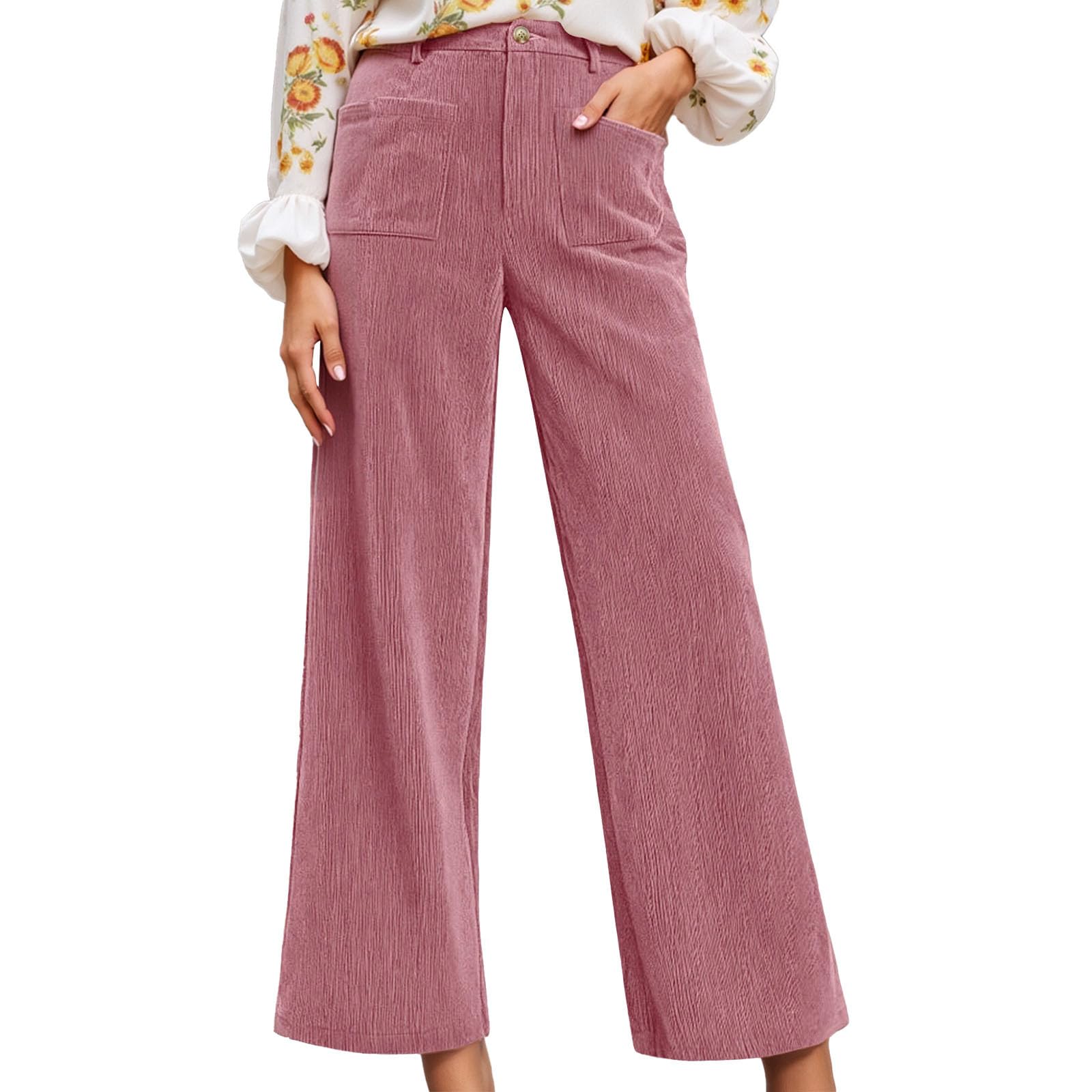 Womens Corduroy Pants Casual High Waisted Baggy Wide Leg Pants Loose Stretchy Business Fall Work Trousers with Pockets