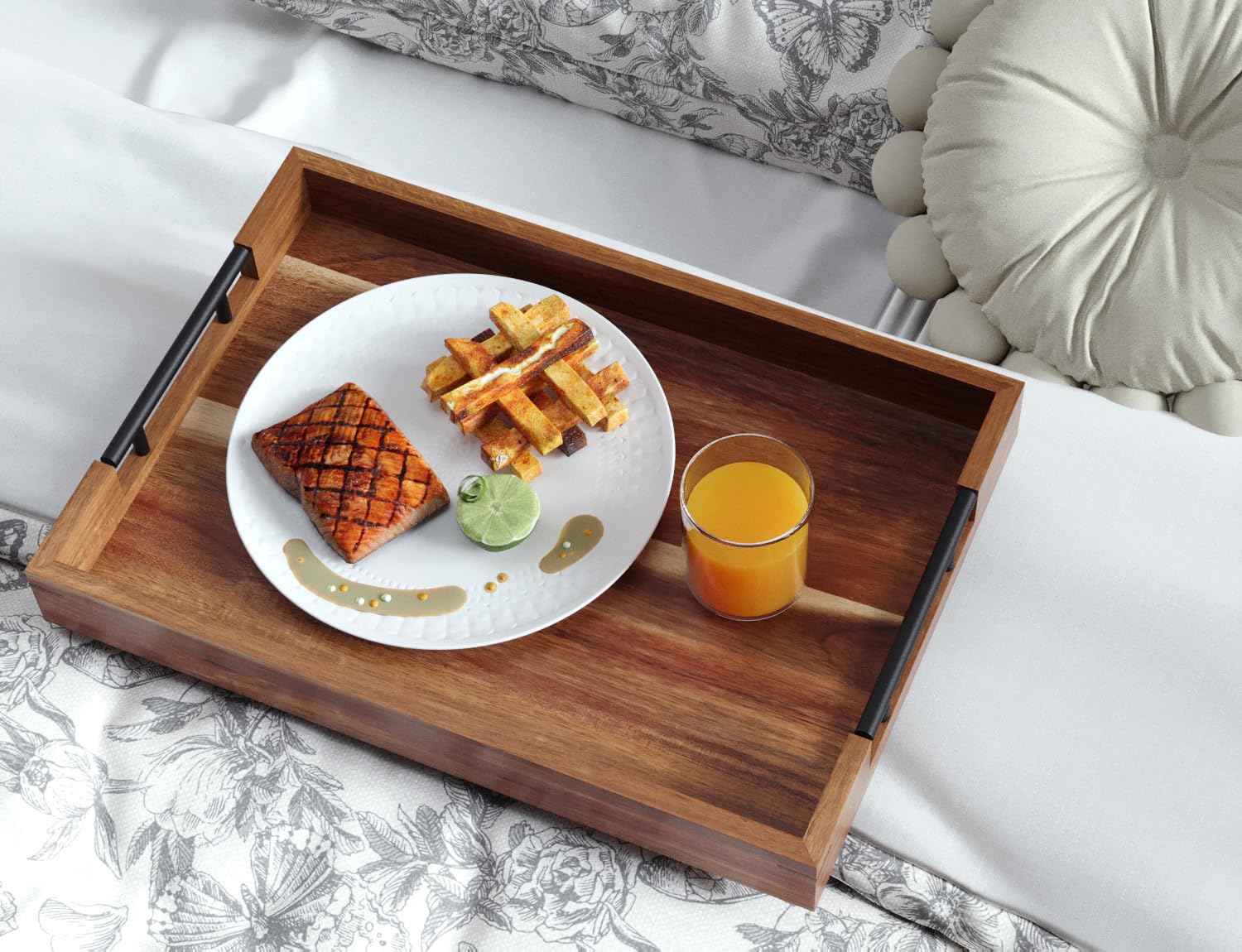Juego de 2 bandejas de madera de acacia con asas de metal, bandejas decorativas otomanas para mesa de café, sala de estar, bar, fiesta