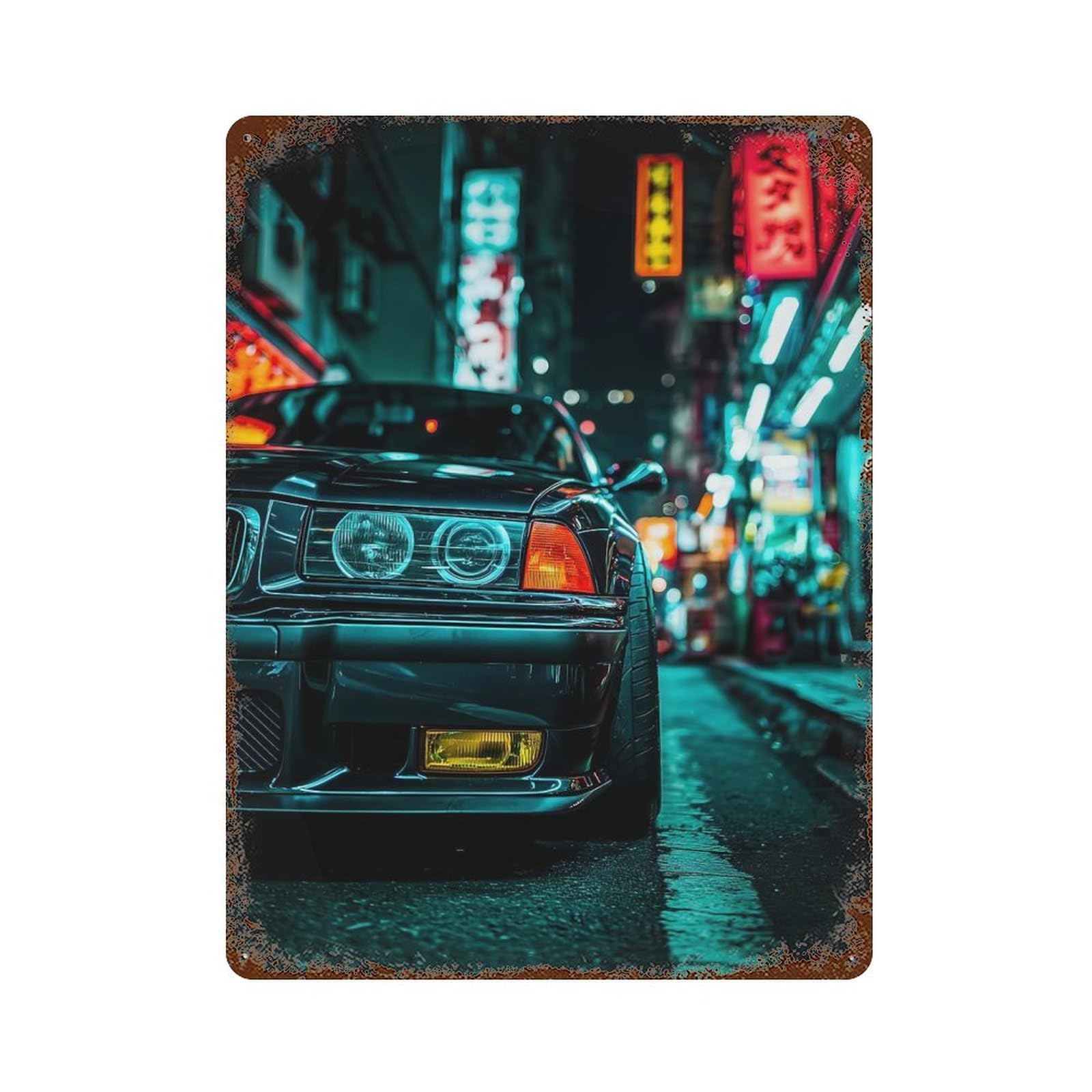 Car in Neon Cityscape Rust Effect Tin Sign 15.7"x11.8", Ideal for Shed, Workshop And Garage Wall Decor