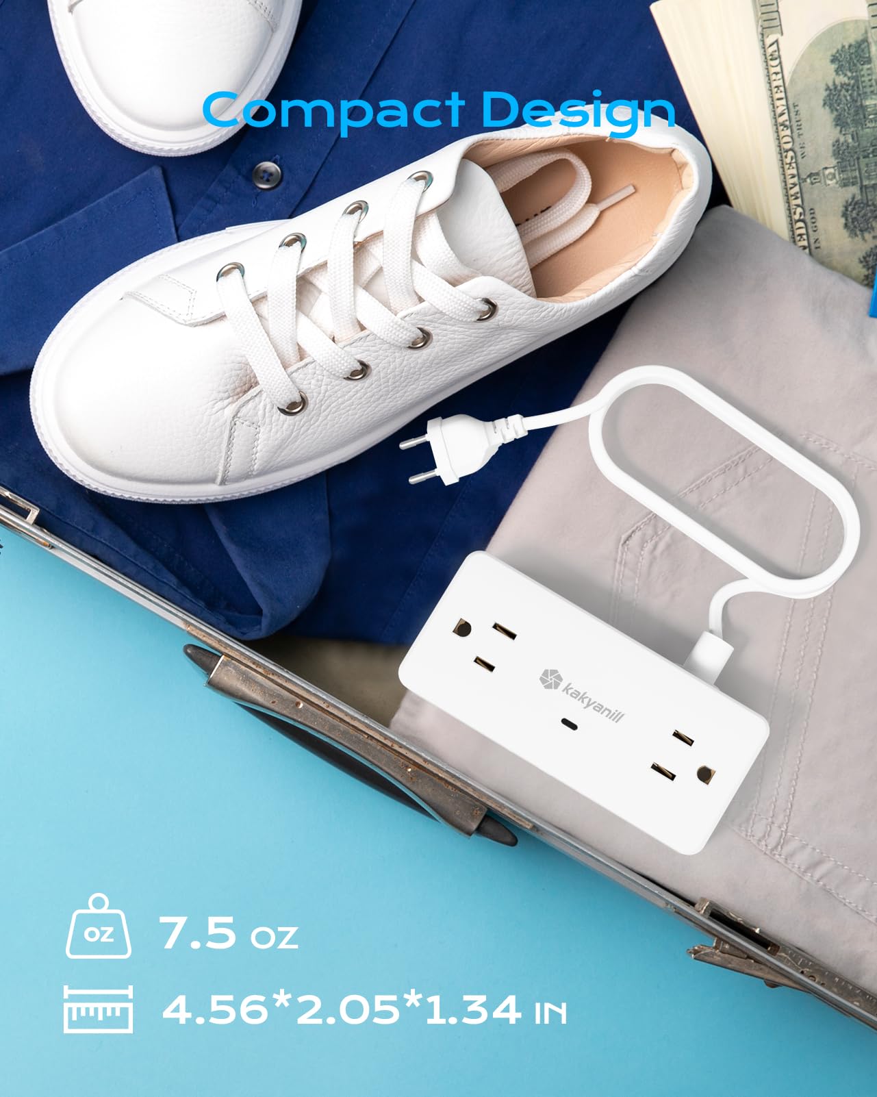 Kakyanill - Reise-Euro-Stecker-Adapter, EU/UK/JP Steckdosen-Adapter, 4 AC-Ausgänge, 3 USB-Ports (2 USB C), 5 Fuß flaches Verlängerungskabel, kompakt für Reisen