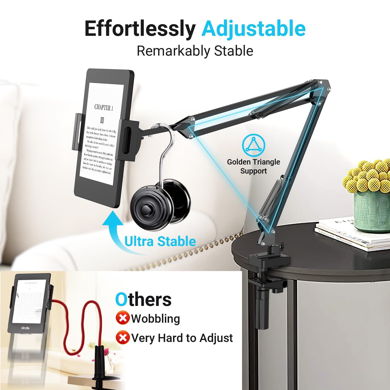 Remote Page Turner Holder For Kindle: Bed Reading Clamp Book Stand For Cell Phone Ipad Tablet Arm Desk Mount Clip For Kindle Paperwhite And Colorsoft Accessories Gifts For Readers (Five hole base)