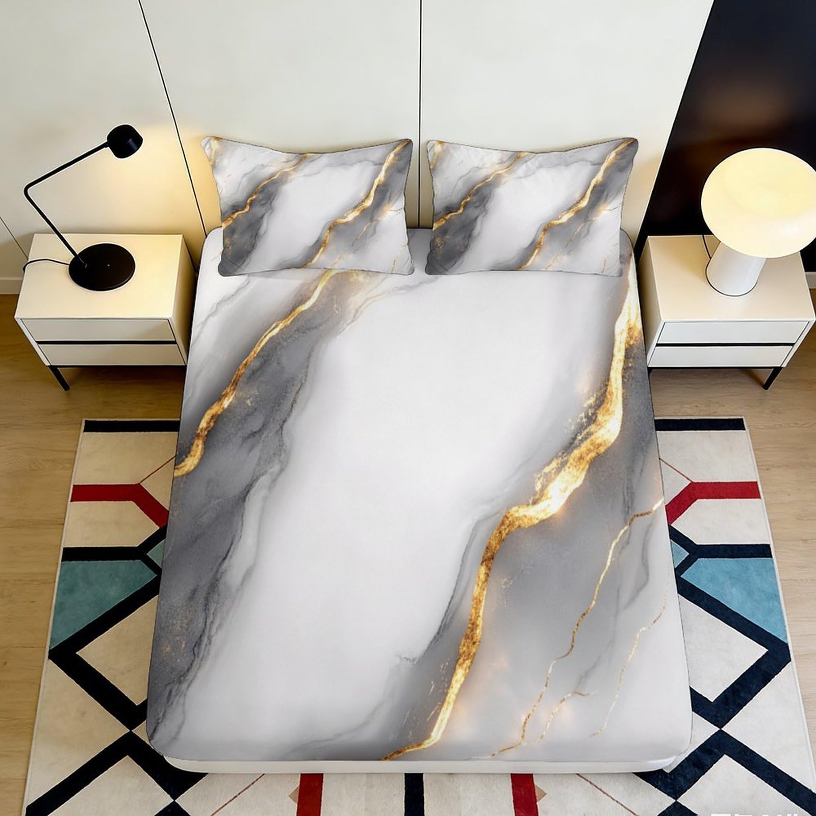 3D Printed Marble Gold Vein Fitted Sheet Microfiber Soft Breathable Grey Abstract Mattress Cover for Bedroom Dorm Mattress Protection Decor 140x200x25cm
