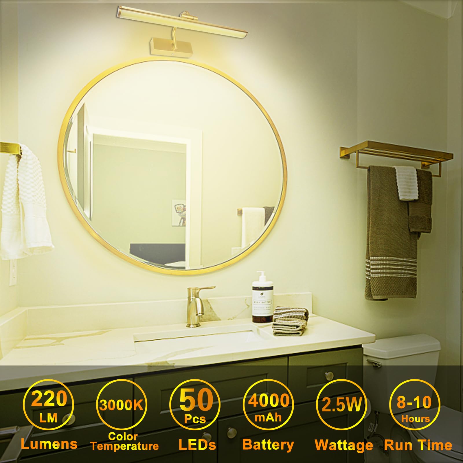 HAMVIDNE Picture Light, LED Picture Lights Battery Operated with Remote, Rechargeable Picture Lights for Wall, Dimmable Metal Picture Light for Painting Display Dartboard Portrait Gallery-Gold