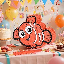 Birchio Nemo Pinatas Bundle with a Blindfold and a Bat(16.5 x 12.6 x 4 Inches), Perfect for kid\'s Birthday Parties, Mexican Theme Parties, Decorations