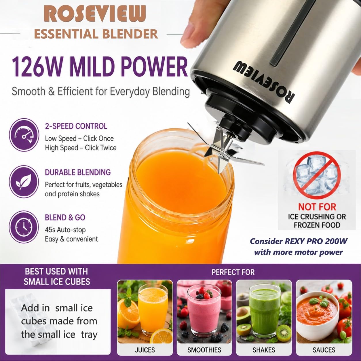 Mixeur à smoothie portable ROSEVIEW Bouteille en verre rechargeable par USB Mini presse-agrumes 2 mélanges sans fil Machine à smoothies personnels Mélangeur de fruits