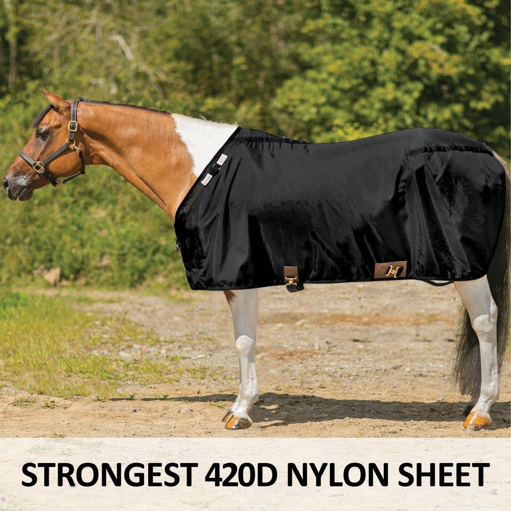Adjusta Fit Dura-Nylon Horse Stable Sheet | Ultimate Comfort & Protection Horse Sheet | Keeps Coats Smooth & Shiny | V-Free | Closed Front | Legstrap with Tail | Color Black | Size 72