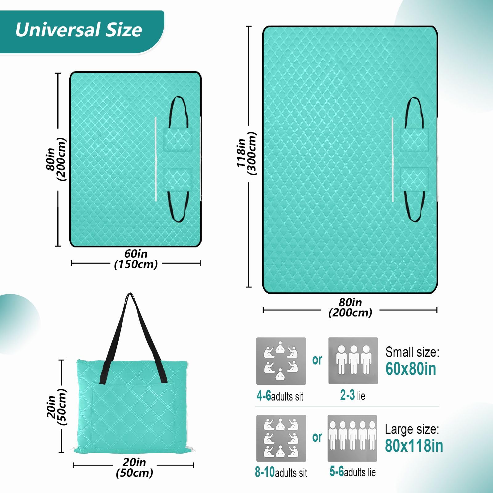 ODAWA Grand tapis de plage pliable turquoise pour camping ou voyage, 203,2 x 299,7 cm