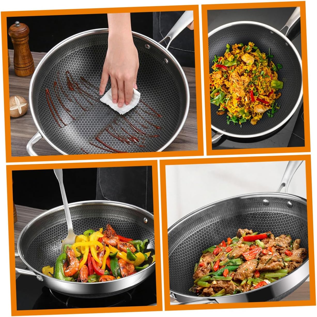 OUNONA Stainless Steel Cooking Wok Chinese Style Nonstick Pan Gas Electric Induction Stove Easy to Clean