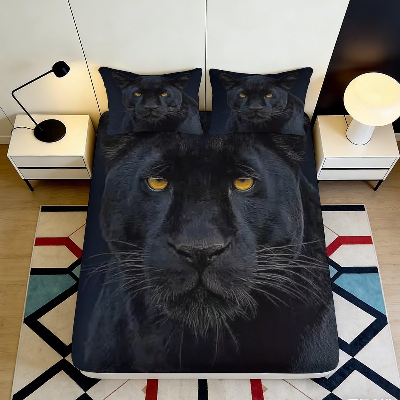 3D Printed Black Panther Fitted Sheet Microfiber Soft Breathable Wild Cat Bed Cover for Bedroom Dorm Decor Mattress Protection 90x200x25cm