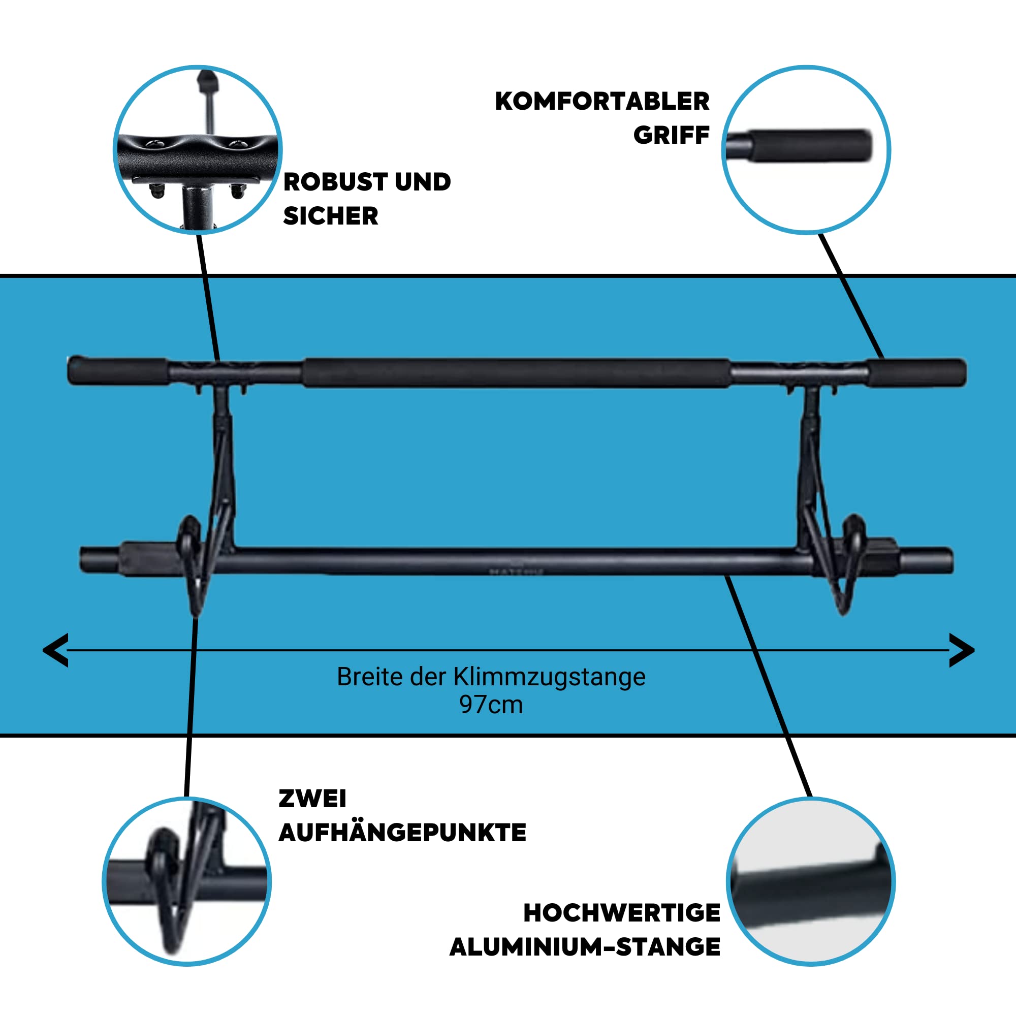 MATCHU - Pull up bar PRO - Klimmzugstange - Keine Schrauben - Rutschfest - Im Türrahmen - Aluminium - Bequemer Griff - 130kg Belastbar - Für Rücken, Bizeps, Schultern, Bauchmuskeln - Schwarz