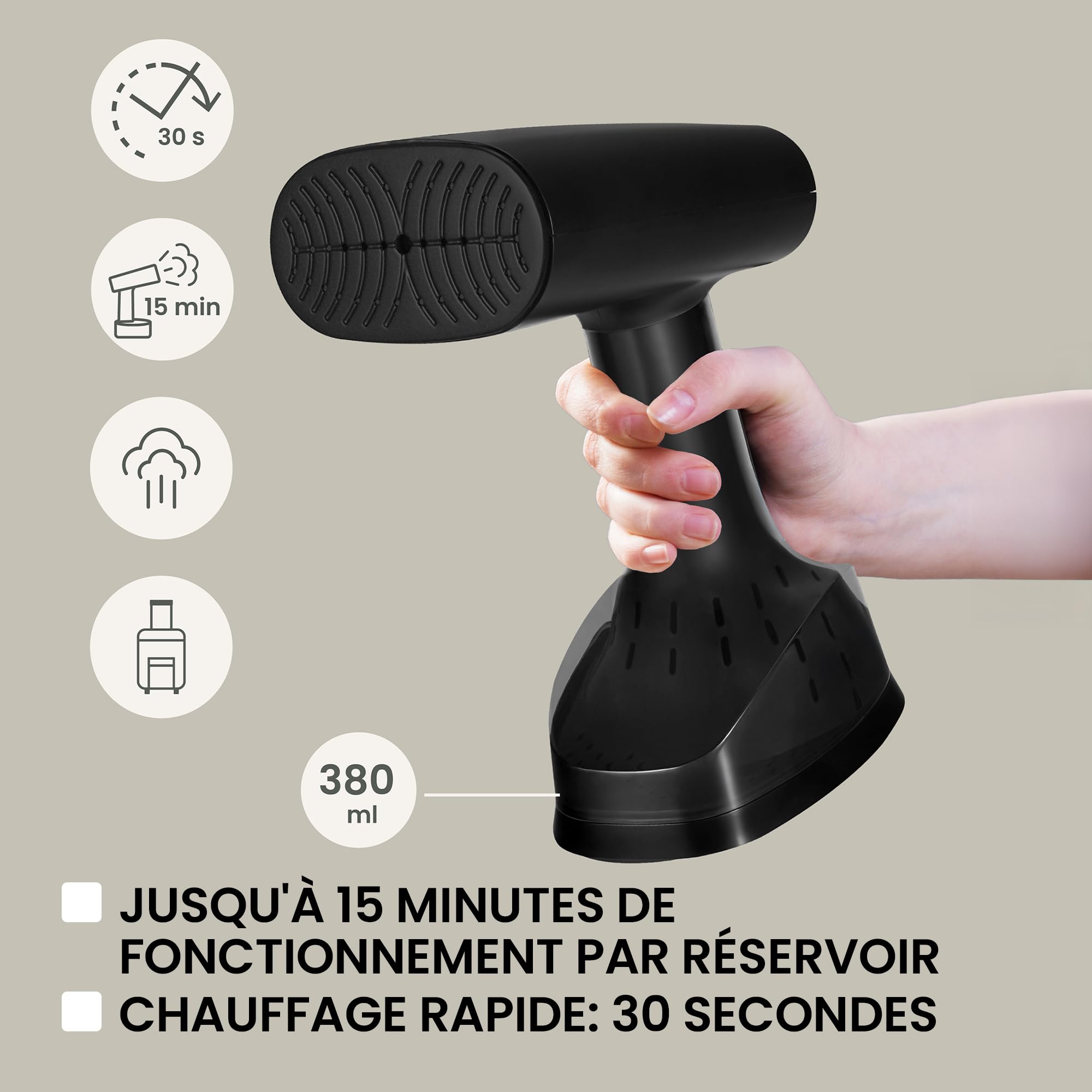 ZEEGMA FRISKEER 2 en 1 Défroisseur Portable pour Vêtements, Fer à Vapeur 1640 W, 380 ml Débit de Vapeur 25 g/min Chauffage Rapide en Toute Sécurité pour le Tissu Repassage Horizontal et Vertical