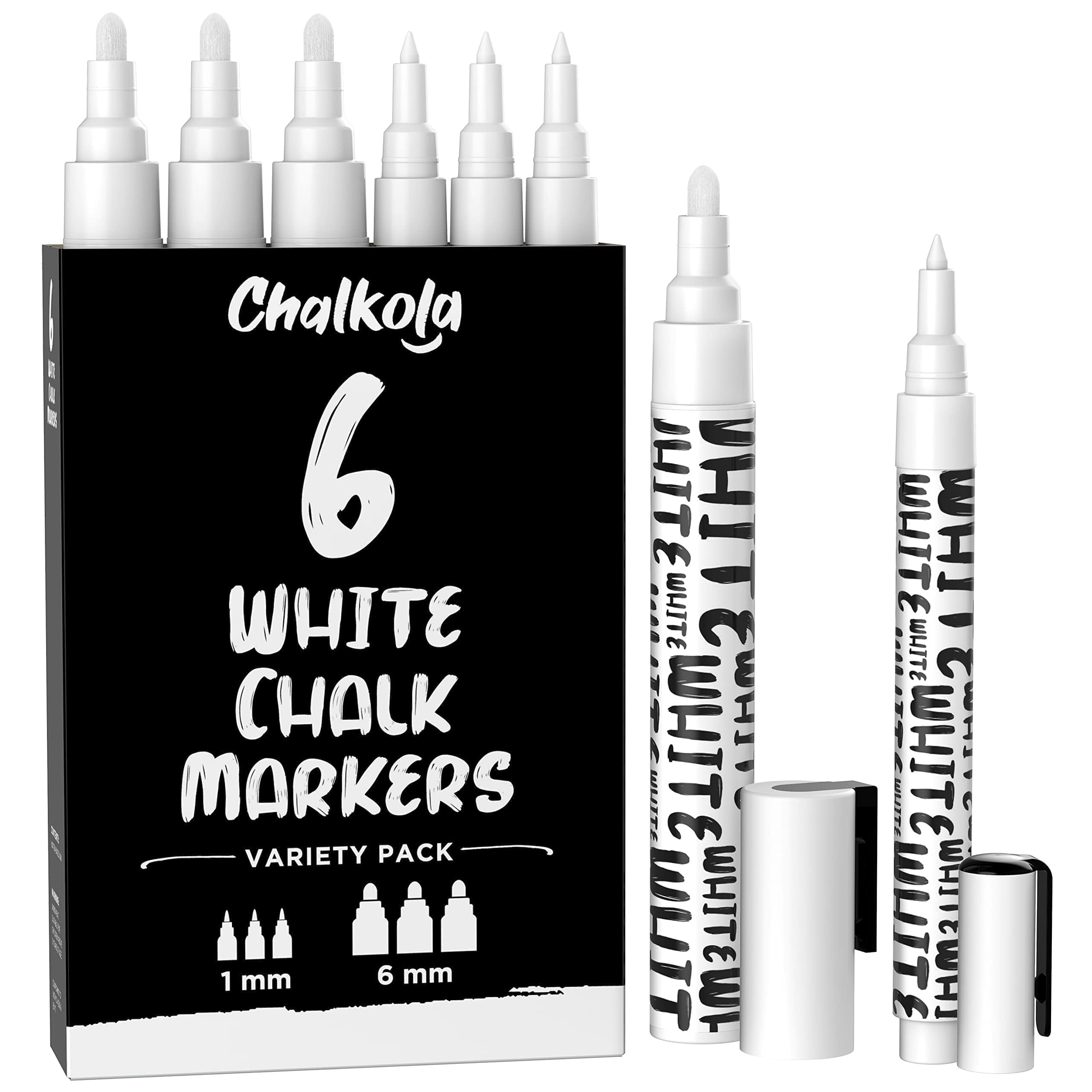 Chalkola White Chalk Markers - White Dry Erase Liquid Chalk Pens for Chalkboard, Blackboard, Window, Bistro, Car Glass, Board, Signs - Variety Pack of