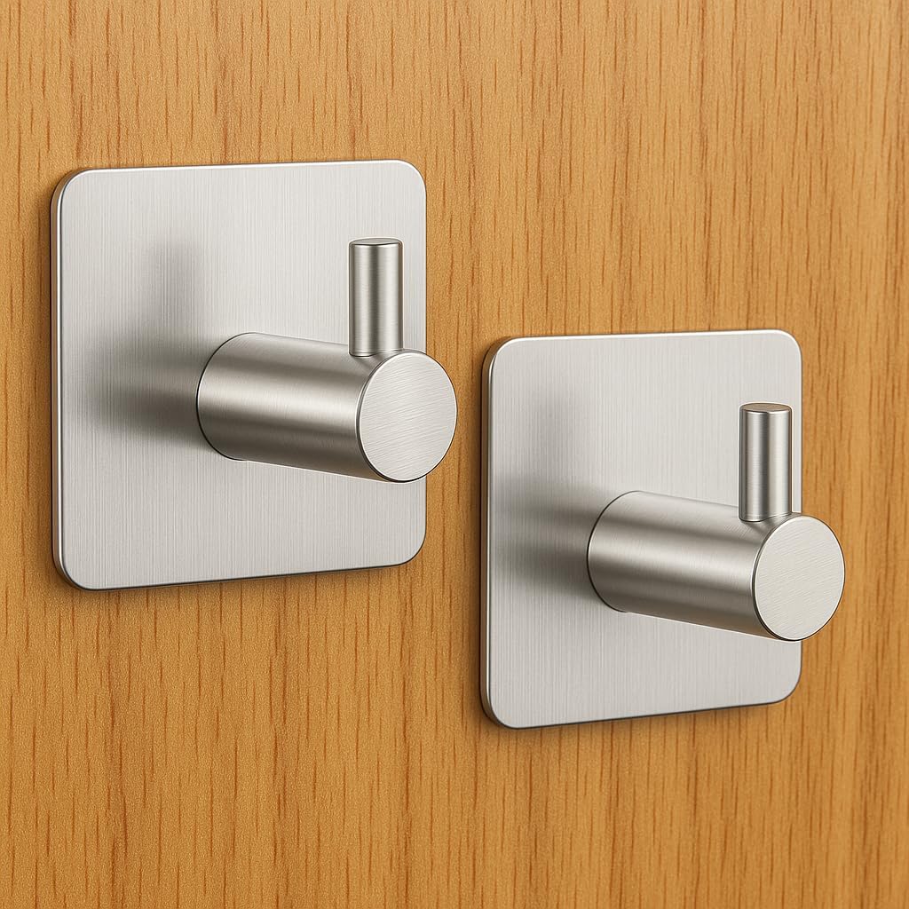 Self Adhesive Towel Holder, 2 Pack Sticky Hook for Wall, Brushed Stainless Steel, Door Hooks for Bathroom, Kitchen, Tea Towels