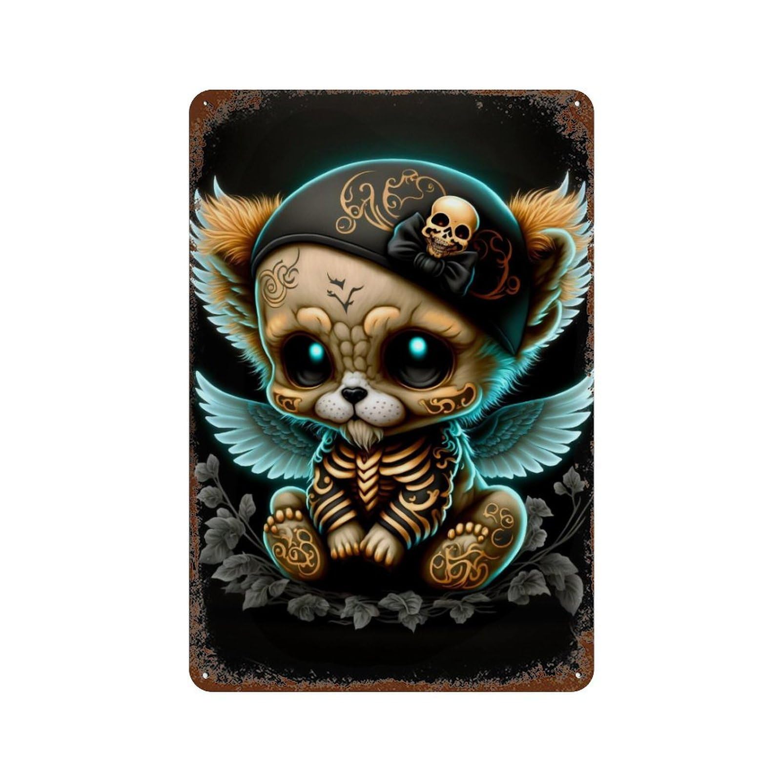 Day of The Dead Kitty Art Print Rustic Tin Plaque 11.8"x7.9", for Pub, Kitchen And Man Cave Decor, Vintage Wall Decor