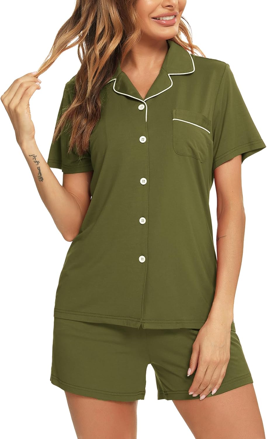 Womens Pajama Set Short Sleeve Button Down Pjs Soft 2 Piece Classic Sleepwear - Image 5