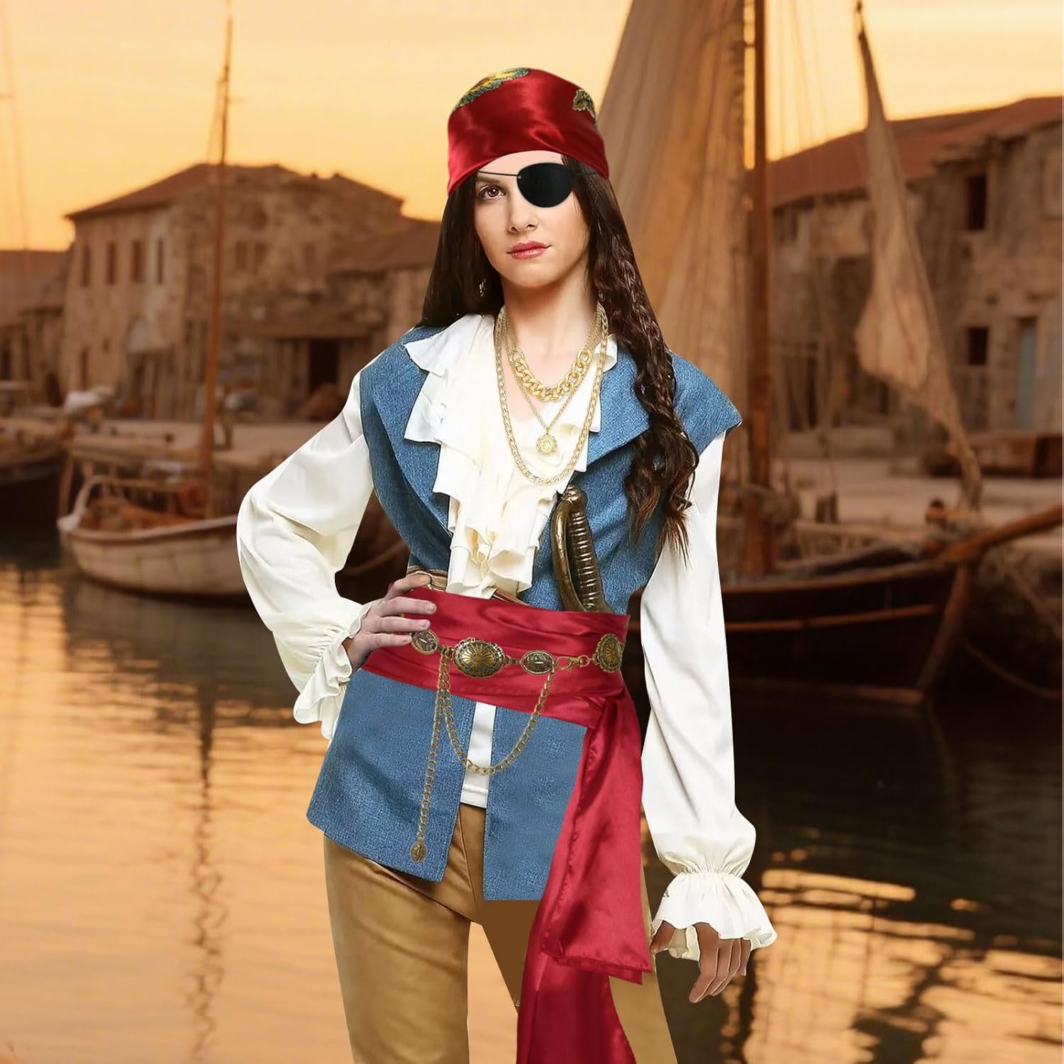 Pirate Accessories for Women Captain Pirate Costume Women with Head Scarf Sash Chain Belt Necklace Eye Patch Party Outfit - Image 6
