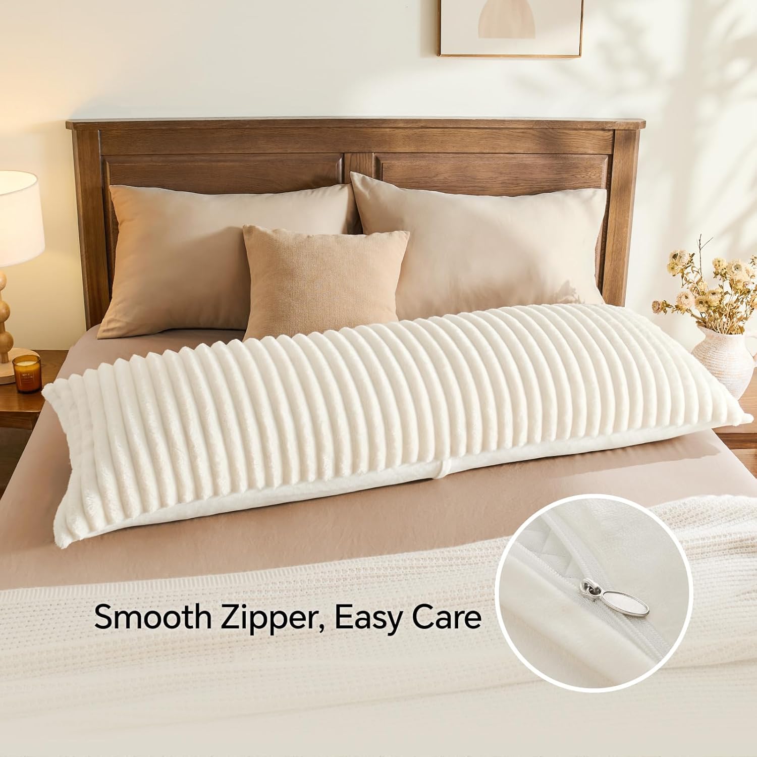 BEDELITE Fluffy Faux Fur Body Pillow Cover with Zipper, Luxury Plush 3D Striped Pillow Cover 20x54 Inches, Super Soft and Cozy Long Body Pillow Pillowcase for Bed Sofa Couch Room Decor(Cream White) - Image 6