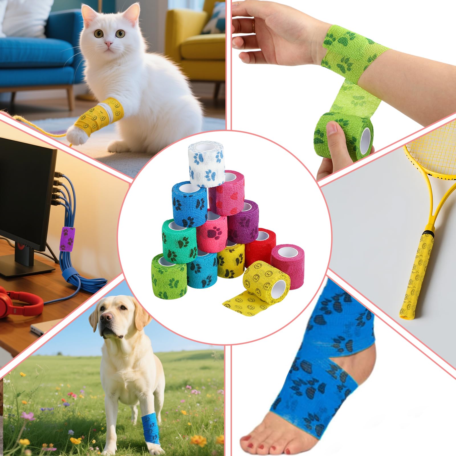 12 piezas de vendas autoadhesivas, venda cohesiva, vendas cohesivas y venda autoadhesiva elástica para perros, caballos y otros animales – Ideal para cuidar articulaciones, tobillos y más, 5cm x 4,5 m