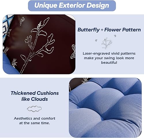 Miniatura 5 de Columpio de metal para porche de 3 asientos, 900 libras, banco colgante resistente con bandeja y cojines mejorados, silla columpio con acabado