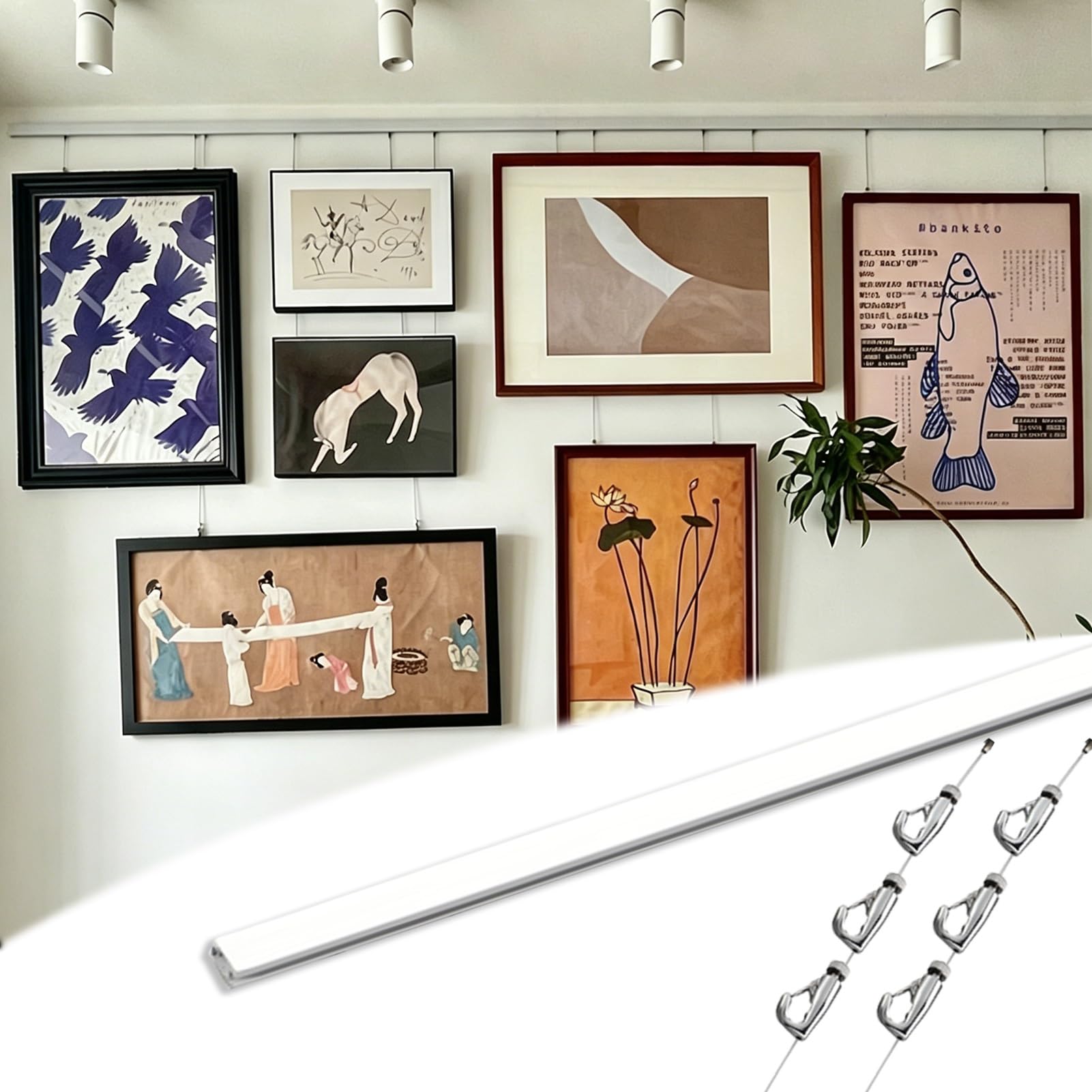 Cimaise pour Tableau Rail de Suspension avec Câble de 3 m et Crochets Multiples, Système d'accrochage Mural Moderne et Ajustable pour Tableaux, Rails d'affichage Photo(2pcs-9.8'/3mCab,24"/60cmTrk)