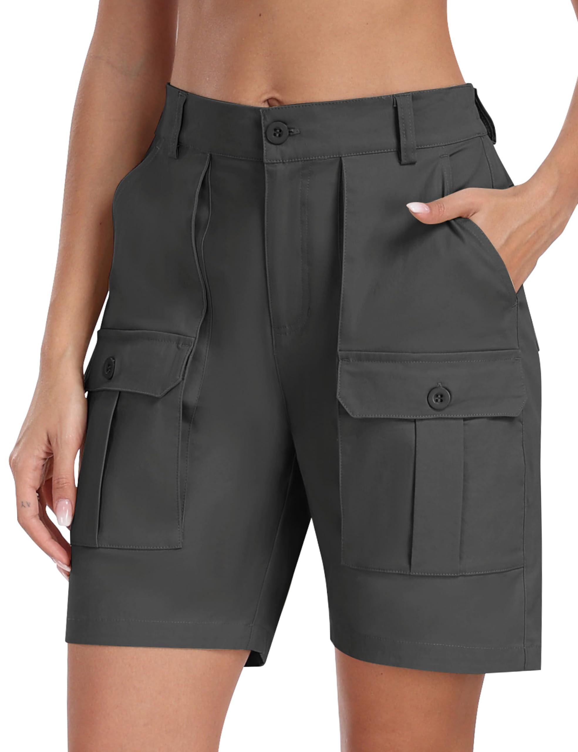 MoFiz Bermuda Cargo Shorts for Women Knee Length 6 Pockets Elastic Waist Long Hiking Cotton Shorts for Summer Casual