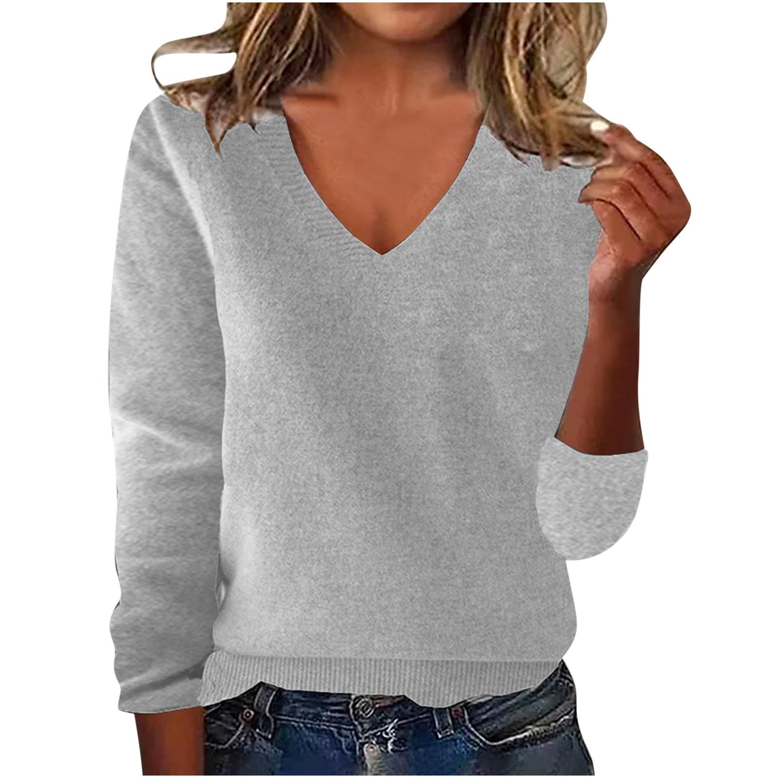 Sweaters for Women Lightweight V Neck Pullover Plus Size Long Sleeve Casual Classic Knitted Sweater