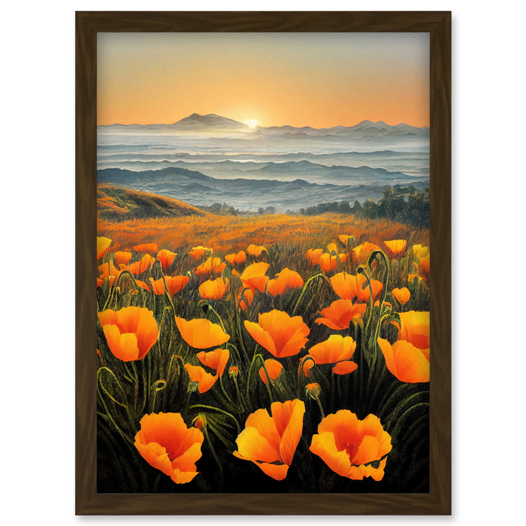 A4 Framed Wall Art Print - Shoreline California Poppies at Sunrise Painting Artwork - Artery8