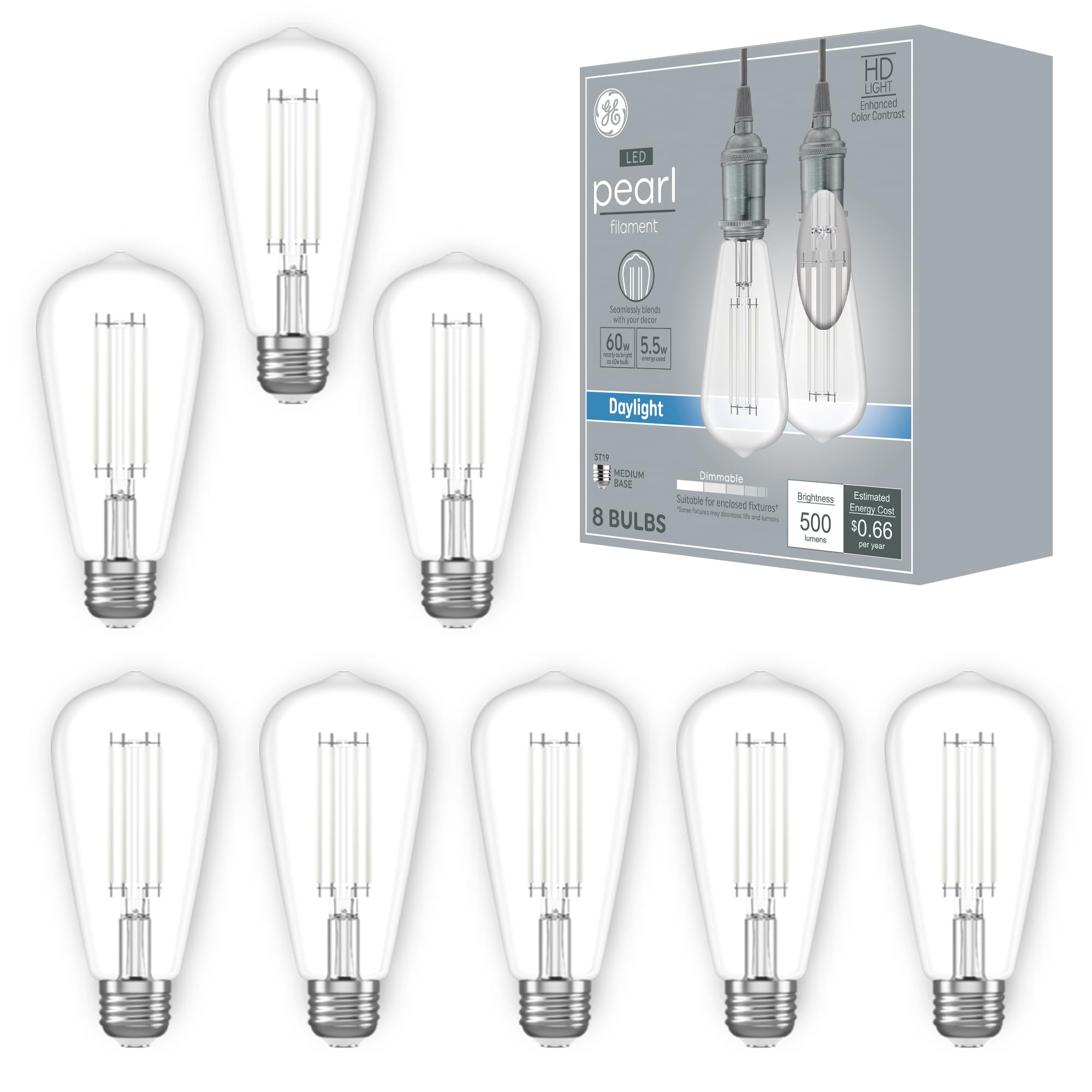 GE Pearl Filament LED Light Bulbs, ST19 Edison Style, High