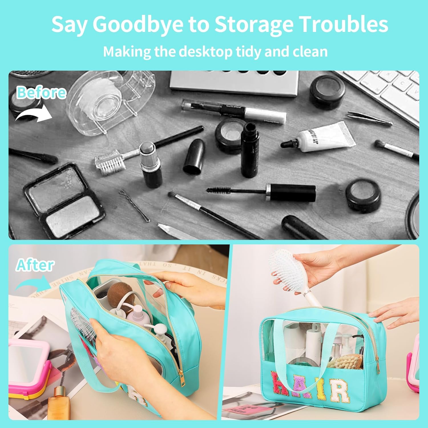 eurovicky Chenille Letter Patch Clear Makeup Bag, Preppy PVC&Nylon Makeup Bag with Handle and Zipper, Waterproof Large Clear Travel Toiletry Bag Storage Bag for Women - Image 7