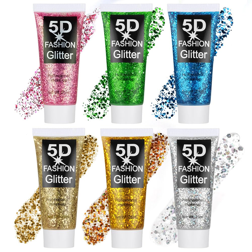 Body Glitter Gel, 6 pcs Festival Glitzer Gesicht, Sequins Chunky Glitter | Glitter Liquid Gel 25 ml, Meerjungfrau Pailletten Funkelnde Festival (Gold + Erdiges Gold + Silberweiß + Grün + Blau + Rosa)