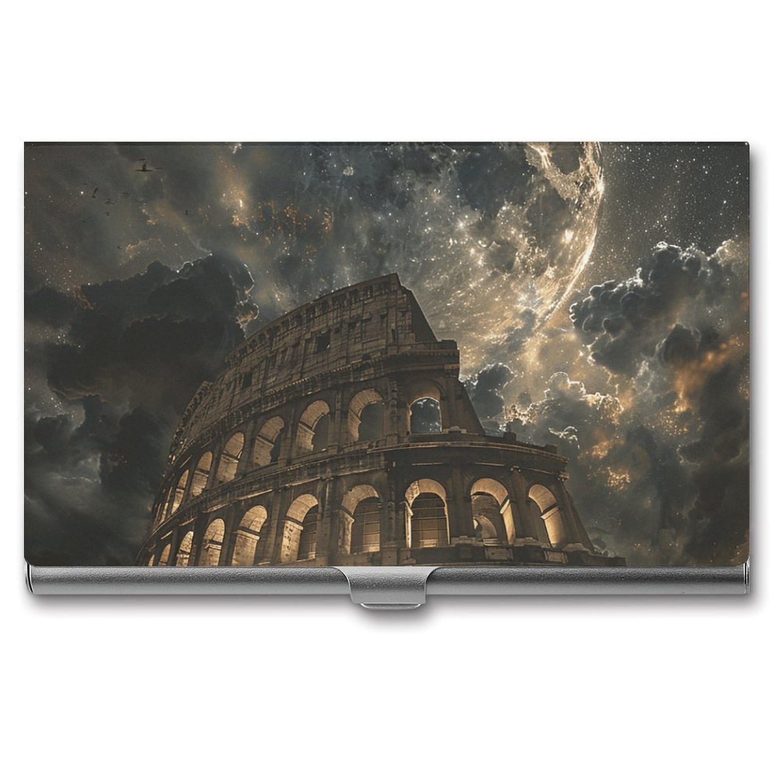 BTCOWZRV Rome Moon Shines Business Card Holder Metal Slim Business Card Case, Pocket Card Holder for Men Women Purse Name Card Holder Stainless Steel Wallet Credit ID Case for Office