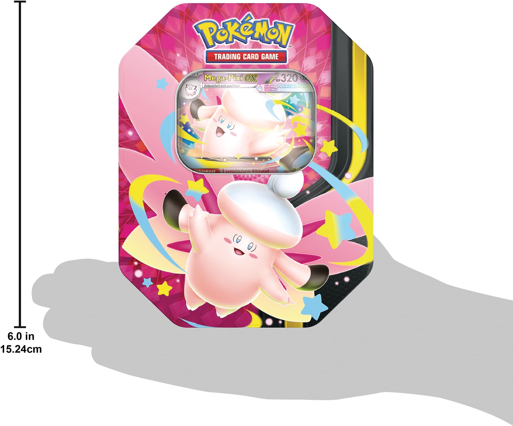 Pokémon Tin Box Mega Pixi ex #129 – Deutsch – Pokémon TCG Box mit 4 Boostern & Promokarte